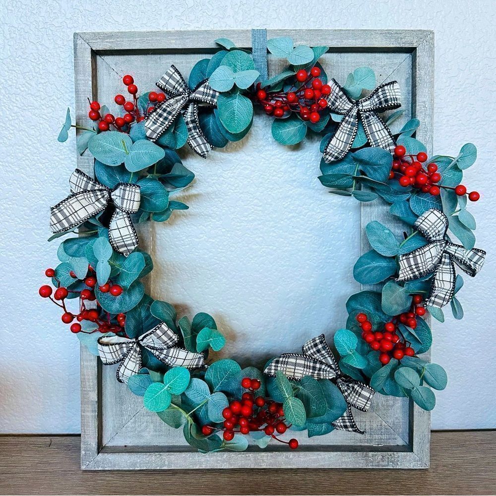 Rustic Wooden Open Frame Holiday Christmas Eucalyptus Wall Wreath Decor